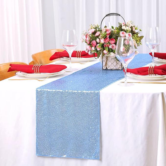 SoarDream Baby Blue Table Runner 10 Pieces 12x72 Inches Sequin Fabric Glitter Table Runner for Party Holiday Birthday Wedding Baby Shower Supplies Decorations