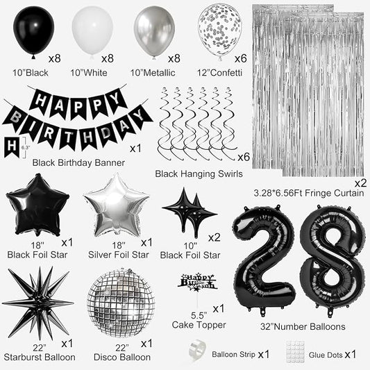 28th Birthday Decorations for Men Women, Black Silver Happy Birthday Party Decorations, 28 Year Old Party Supplies with Number 28 Balloons, Banner, Fringe Curtains Kit