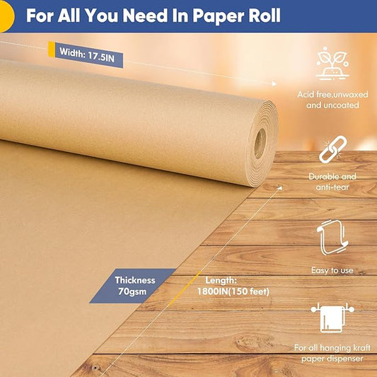 Vanhench Brown Wrapping Paper, Craft Paper, Kraft Paper 17.5"x 1800"(150'), Gift Wrapping Bulletin Board Arts & Crafts, Bouquet Flower Table Covering Poster Packing Shipping Moving Supplies 65GSM 45LB