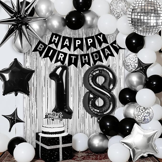 18th Birthday Decorations for Boys Girls, Black Silver Happy Birthday Party Decorations, 18 Year Old Party Supplies with Number 18 Balloons, Banner, Fringe Curtains Kit