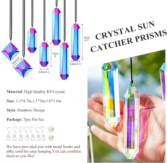 HDCRYSTALGIFTS Set 7 Crystal Sun Catcher Prisms, AB Colored Suncatcher Crystals Indoor Window Hanging Christmas Ornaments Rainbow Maker Prisms for Home Garden Decor