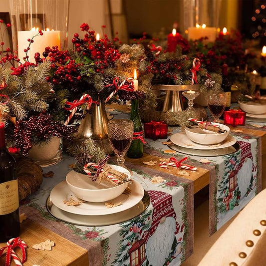 Christmas Gnomes Cotton Linen Table Runner for Dining Kitchen, Xmas Pine Tree Snowflake Rustic Wedding Outdoor Party Tablerunners Decoration, Retro Wood Dresser Scarf Tablecloth Runners 13x36 Inches