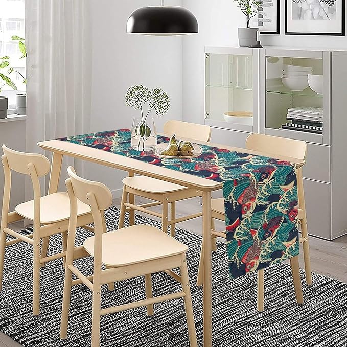 Kio Fish Table Runner Waves Japanese Tradition Art Printed Burlap Runner Home Kitchen Dining Table Living Room Decor Fabric 1 Panel W13xL60in