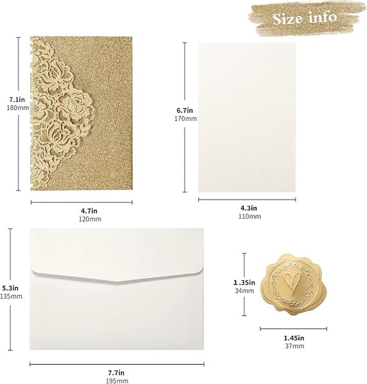 DORIS HOME 50pcs Laser Cut Quinceanera Invitations Gold Glitter, 4.7x7.1 Blank Quince Invitations for 15th Birthday, Invitation cards for Sweet 16 with Envelopes