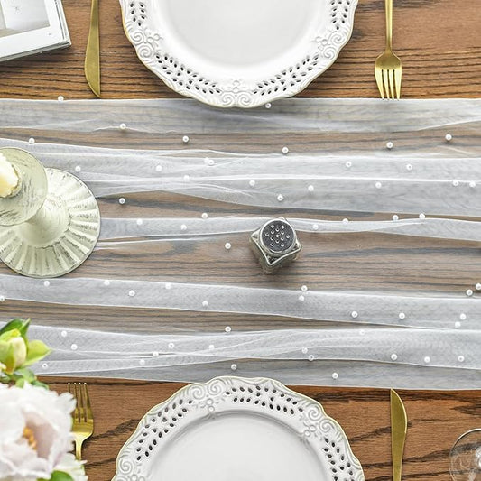 Artoid Mode 3PCS Pearl Gauze Table Runner 120 Inch 10FT, Seasonal Sheer Dining Holiday Wedding Birthday Baby Shower Table Decor for Home Party