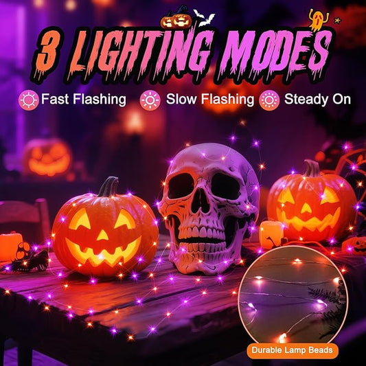 ZGWJ 24 Pack Halloween Fairy Lights Battery Operated, 7ft 20 Mini LED Halloween Fairy String Lights Silver Wire 3 Modes Waterproof for DIY, Parties, Bedroom Decorations Orange& Purple