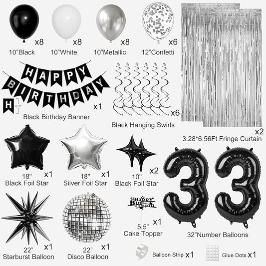 33rd Birthday Decorations for Men Women, Black Silver Happy Birthday Party Decorations, 33 Year Old Party Supplies with Number 33 Balloons, Banner, Fringe Curtains Kit