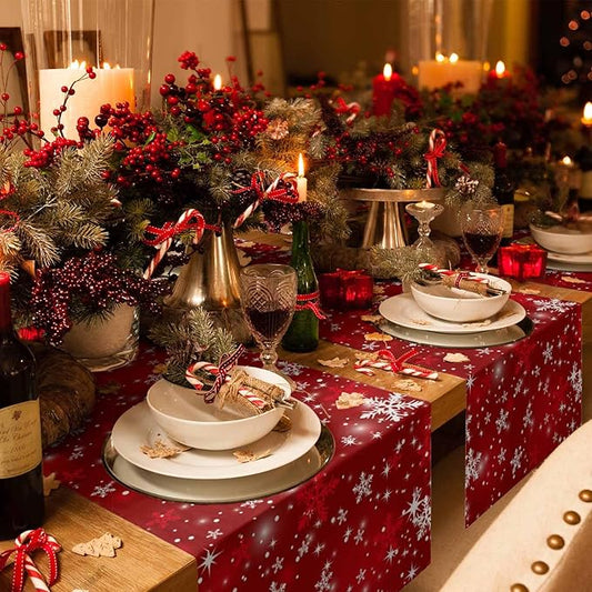 Christmas Snowflakes Cotton Linen Table Runner for Dining Kitchen, Red Xmas Winter Snow Wedding Outdoor Party Tablerunners Decoration, New Year Dresser Scarf Coffee Tablecloth Runners 13x108 Inches
