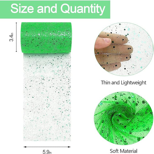 Glitter Tulle Rolls, 6” by 50 Yards (150FT) Sparkling Tulle Spool Ribbon Sequin Tulle Netting Fabric for Tutu Skirt Wedding Birthday Baby Shower (Green)