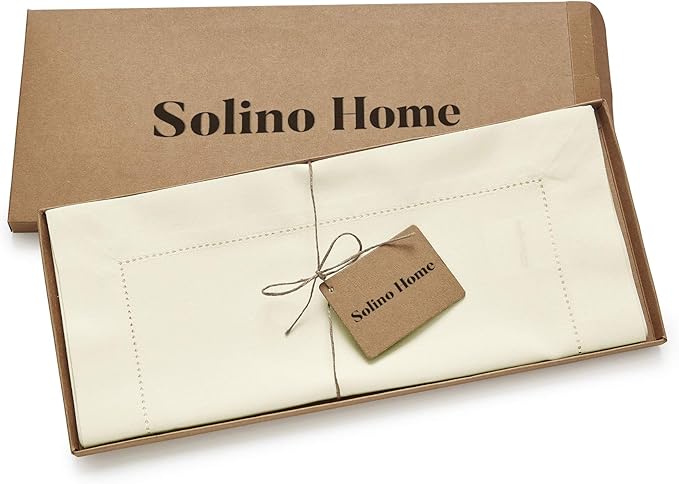 Solino Home Ivory Table Runner 90 Inches Long - Cotton Linen Hemstitch 14 x 90 Inch Table Runner for Dining, Fall, Autumn, Thanksgiving, Holiday