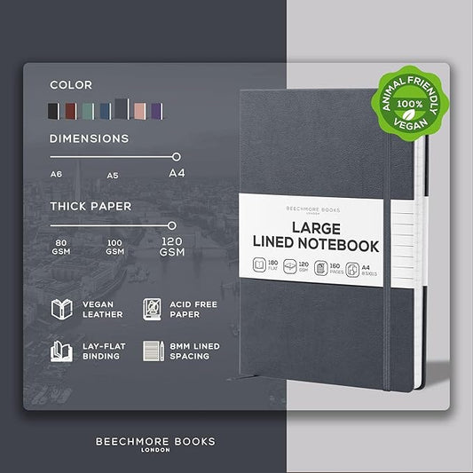BEECHMORE BOOKS Lined Journal Notebook, 8.5 x 11.5 inch, A4 160 Lined Pages, Hardcover Leather Journals for Women, Men, Writing and Notebooks for Work - 120 GSM Thick Paper, Gifts Box Included