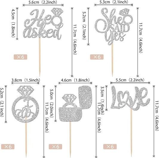 30 PCS He Asked She Said Yes Cupcake Toppers Diamond Ring Cupcake Picks Love I Do Bridal Shower Cupcake Decorations for Wedding Enaggement Theme Party Cake Decorations Supplies Silver
