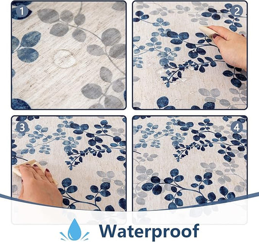 MYSKY HOME Floral Print Rectangle Tablecloth Waterproof Rectangular Table Cloth Linen Farmhouse Tablecloth for Kitchen Dining Spring Leaves Tablecloth for 8 Feet Table,60 x 120 Inches, Blue