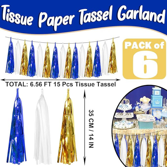 6P Navy-Blue White-Gold Foil Fringe Metallic Tassel-Garland, Tassels Banner Streamers for Parade Floats, Bachelorette, Wedding, Birthday, Graduation, Christmas, Bridal/Baby Shower Party Decorations