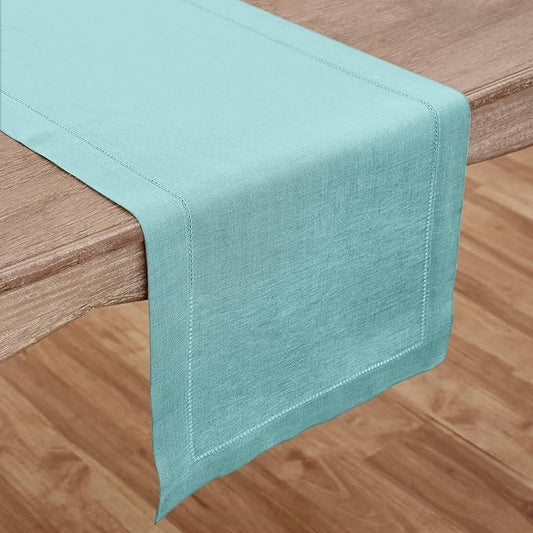Solino Home Linen Aqua Blue Table Runner 132 Inches Long - 100% Pure Linen Extra Long Table Runner 14 x 132 Inch for Christmas, Holiday - Classic Hemstitch