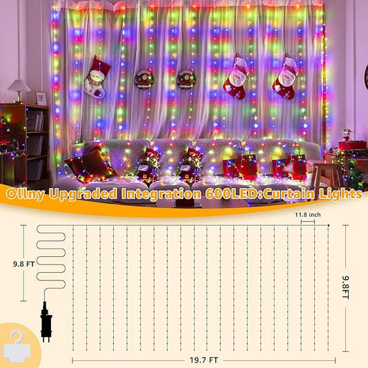Ollny Curtain Lights 600LED 19.7ft x 9.8ft, IP67 Waterproof Outdoor Curtain Rice Lights with Remote, Plug-in Untangle Fairy Light with 8 Modes 3 Timers for Wall Waterfall Backdrop Decor(Multicolored)