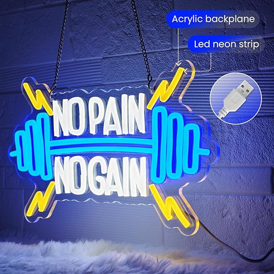 No Pain No Gain Neon Sign for Gym Wall Decor,Led Sign,Neon Lights for Bedroom,Motivational LED Light Up Sign for Home Fitness Room,Garage,Workout,Man Cave,Blue & Yellow Barbell Neon Light