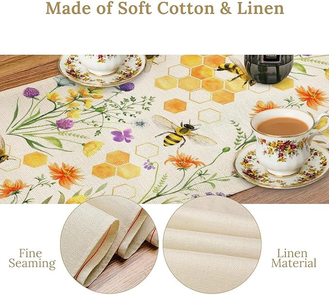 Summer Bee Table Runner, Seasonal Spring Wildflowers Bee Yellow Honeycombs Farmhouse Table Runner for Kitchen Dining Table Home Party Decor, 13x60inch