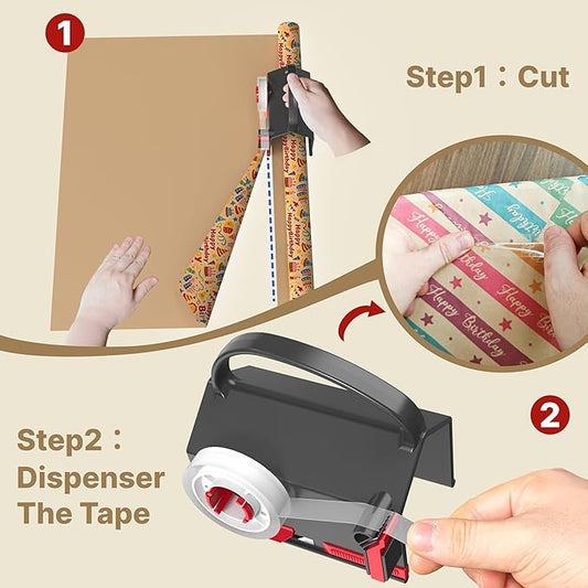 (2-Pack) Wrapping Paper Cutter & Tape Dispenser Dual Use with 4 Tapes,2 Replace Blades Kit for Christmas Gift Wrap Cutter Tool Paper Roll Holder Tube Sliding Slicing for Birthday Holiday.