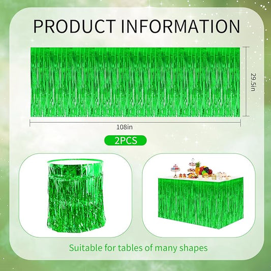 BEISHIDA 2 Pack Metallic Tinsel Foil Fringe Table Skirts for Rectangle & Round Tables Green Kids' Birthday, Holiday Party, Cartoon Party Decorations - Perfect for Birthday Baby Shower Festive Events