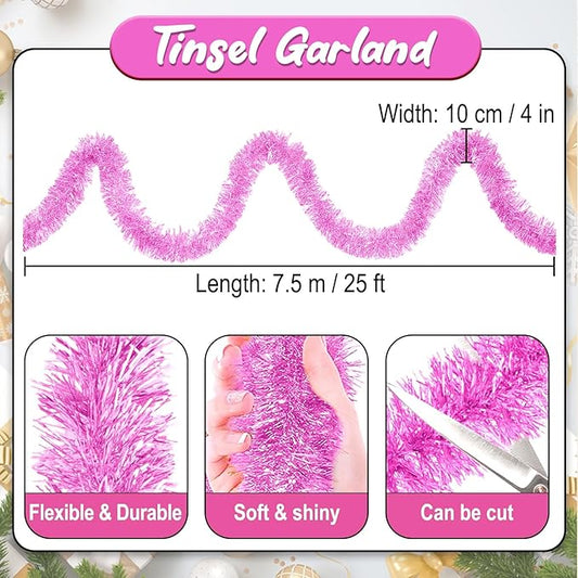 25 Feet Macaron Pink Christmas Tinsel Garland, Metallic Foil Twist Banner Wall Hanging Tinsel Streamers Backdrop for Parade Floats, Christmas, Mother's Day, Birthday Party Decorations(4in x 25ft)