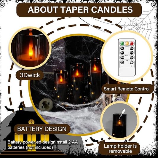 Flameless LED Candles with Timer 9 Pc Flickering Flameless Candles for Romantic Ambiance and Home Decoration Stable Acrylic Shell,with Embedded Star String,Battery Operated Candles(Black)