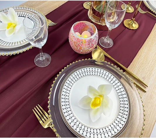EHLDekol 10ft Chiffon Table Runners 29x120 inches Romantic Sheer Wedding Table Runner Top Table Bridal Party Decoration (Burgundy, 10ft)