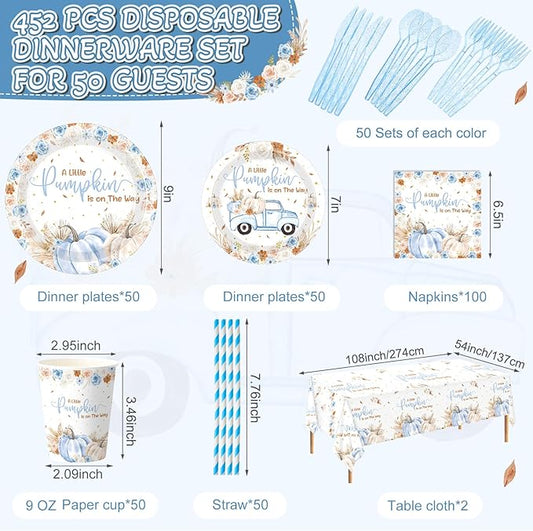 452 Pcs Little Pumpkin Baby Shower Decorations for 50, Blue A Little Pumpkin Is on the Way Paper Plates Napkins Cups Tablecloth Cutlery Straws for Autumn Fall Thanksgiving Party Supplies