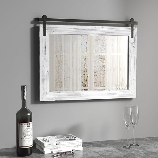 COGOOD Farmhouse Barn Door Mirror - 28" x 20" Rustic Wood Framed Wall Mirror for Bathroom, Living Room, Entryway Wall Decor (White)