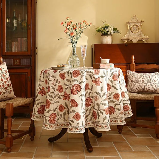 ISAENNE Designer French Small Round Tablecloth,Linen Orange Floral Pattern Indoor Table Cloth,Wrinkle Resistant Decor Table Cloth for Dining Thanksgiving Kitchen Party,Diameter 55"-Alvarado D
