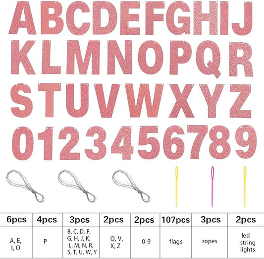 TaoBary 112 Pcs DIY Letter Kit Glitter Customizable Banner Letters Include 107 Letters and Numbers 3 Rope and 2 Needles for Birthday Halloween Christmas Wedding Valentine Party Decor(Rose Gold)