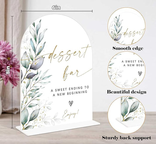 Acrylic Wedding Signs, Greenery Theme Dessert Bar Sign, Wedding Reception Signage, Bridal Shower Table Decor with Stand, Dessert Bar Supplies for Engagement, Anniversary, Newlywed Event and Party, 06