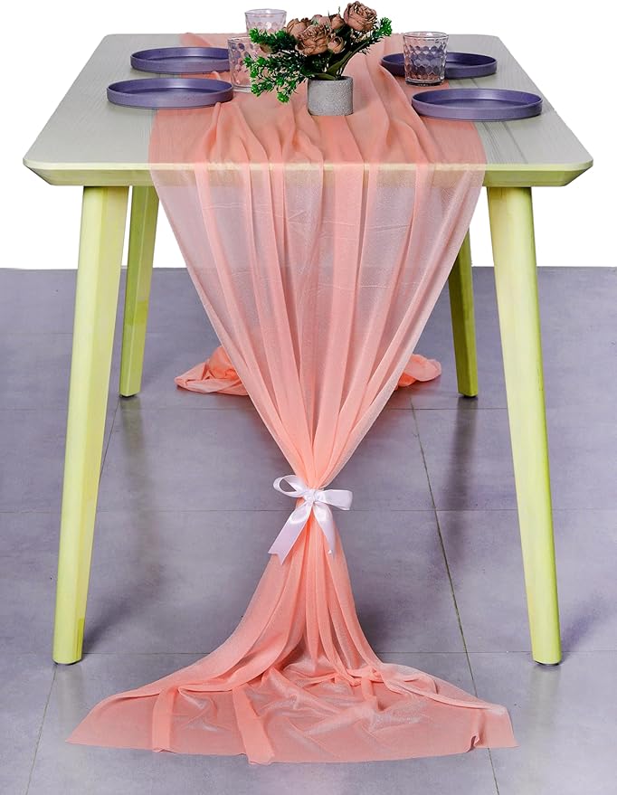 MDS 20 Pack 10ft Chiffon Table Runner 29 x 120 Inches Sheer Wedding Runner Romantic Rustic Table Runner for Wedding Decorations, Birthday Parties, Bridal Shower Party Arch Decor - Peach