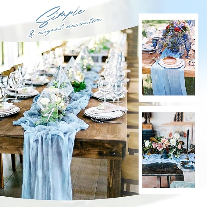 Aktor 12 Pack Light Blue Table Runner Boho Cheesecloth Table Runner Semi Sheer Gauze Fabric Runners for Wedding Birthday Baby Shower Party Boho Table Decoration(Light Blue)