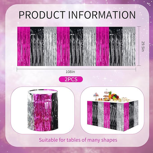 BEISHIDA 2 Pack Hot Pink Black Silver Table Skirts Party Decorations Metallic Tinsel Foil Fringe Table Skirts for Hot Girls Mouse Theme Birthday Holiday Party