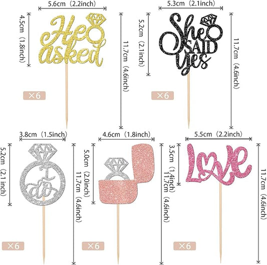 30 PCS He Asked She Said Yes Cupcake Toppers Diamond Ring Cupcake Picks Love I Do Bridal Shower Cake Decorations for Wedding Enaggement Theme Party Supplies Colorful