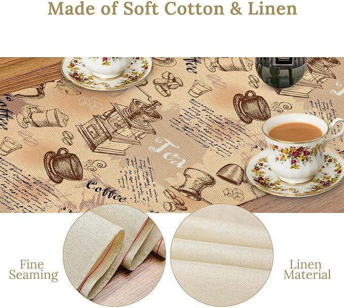 Coffee Theme Table Runner, Rustic Farmhouse Coffee Cup Tea Party Cafe Table Center Decor for Home Kitchen Dining Patio Holiday Party Indoor Outdoor Table Decorations,13"x36" Inch