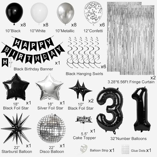 31st Birthday Decorations for Men Women, Black Silver Happy Birthday Party Decorations, 31 Year Old Party Supplies with Number 31 Balloons, Banner, Fringe Curtains Kit