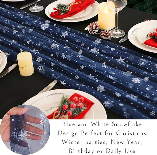 Snowkingdom Christmas Table Runner, Navy Blue Snowflake Cheesecloth Sheer Chiffon Gauze Table Runner, 120 Inch Seasonal Winter Holiday Kitchen Dining Decorations for New Year Home Party Decor