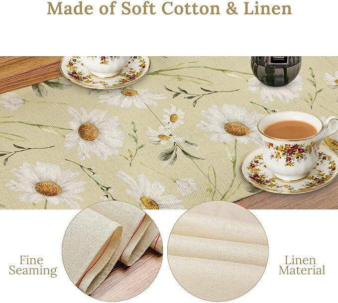 Spring Daisy Table Runner, Farmhouse Seasonal Summer Flower Retro Country Table Center Decor for Home Kitchen Dining Patio Holiday Party Indoor Outdoor Table Decorations, 13"x36" Inch