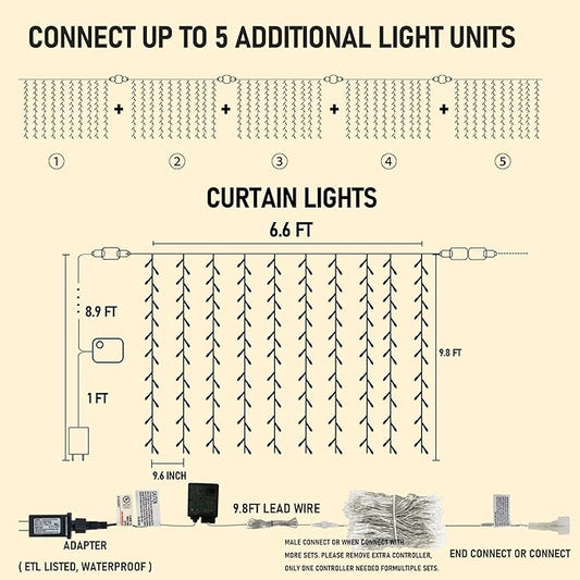Dazzle Bright 300 LED Curtain Lights, Plug in Fairy Curtain Lights for Bedroom, Christmas Hanging String Lights Outdoor for Window Backdrop Wall Wedding Patio Indoor Dorm Party Decor, Warm White