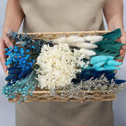 xin's convey DIY Natural Dried Flower Set, Blue Large Package with Stem Flowers for Vases, Handmade Creative, Door Hanging Wreath, Table Centerpiece Mini Dried Flower Bouquet (Peacock Blue)