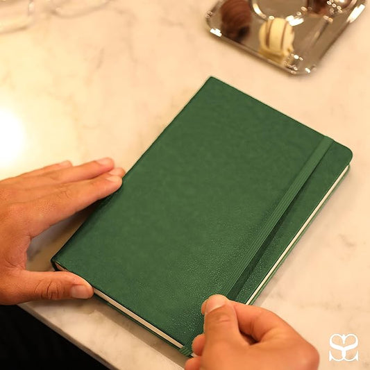 SETTINI Journal Notebook for Writing, Vegan Leather Hardcover Notebook - Pen loop, Back Pockets & Lay-Flat design, 120 GSM A5 College ruled Bleed free Paper, Gift Set for Men and Women, Emerald Green - Birthday Gift