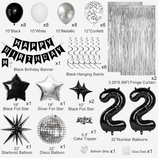 22nd Birthday Decorations for Men Women, Black Silver Happy Birthday Party Decorations, 22 Year Old Party Supplies with Number 22 Balloons, Banner, Fringe Curtains Kit