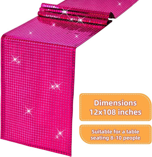 SquarePie Disco Table Runner Mirror Glitter Hot Pink Sequin Runner for 70s 80s Disco Dance Bachelorette Party Supplies Table Decorations (12x108 Inches ,2 Pack)