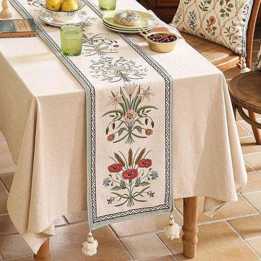 ISAENNE Designer French Country Linen Table Runner 71 Inches Long,Elegant Colorful Floral Pattern Table Runners for Dining Tables,Thanksgiving,Christmas,Kitchen Decor,12"*71"-Serenity F