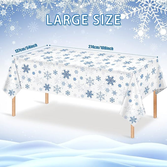 12 Pieces Snowflake Christmas Party Tablecloth Decorations,Plastic White Snowflake White Blue Xmas Backdrop Sign Table Cover Banner for Winter Christmas Holiday Party Supplies,54x108 inch(White/Blue)