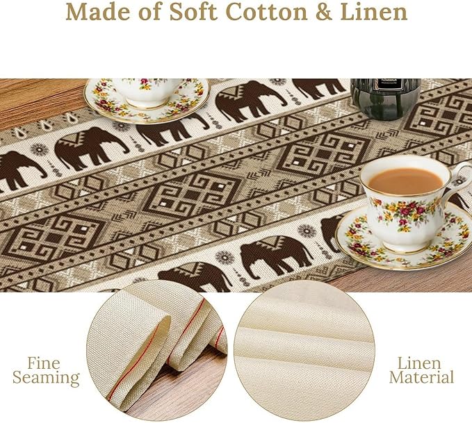 Ethnic Table Runner, Rustic Farmhouse Boho Indian Bohemian Elephant Aztec Tribal Print Beige Table Center Decor for Home Kitchen Dining Patio Holiday Party Indoor Table Decorations, 13"x108" Inch