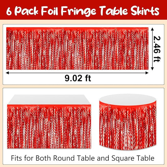 6 Pack 29 x108 Inch Red Wave Foil Fringe Table Skirts Metallic Banner for Tinsel Streamer Garland Backdrop for Parade Floats, Mother's Day, Easter, Wedding, Birthday Party Decoration