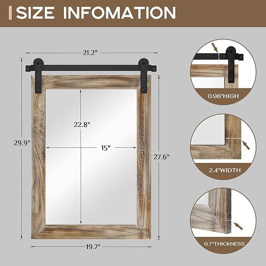 COGOOD Farmhouse Barn Door Mirror - 21 x 30 Rustic Wood Framed Wall Mirror for Bathroom, Living Room, Entryway Wall Decor (Striped Brown)